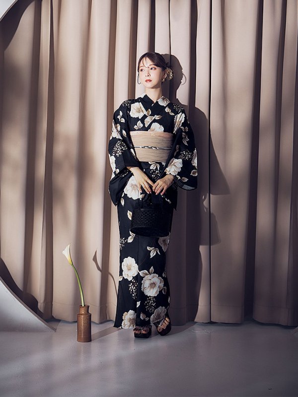 画像5: 【即日発送】ピオニーブラック花柄浴衣【浴衣３点セット 浴衣/帯/下駄】[YMT] (5)