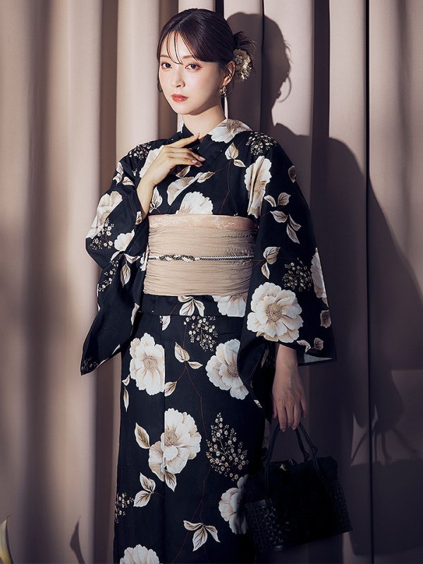 画像7: 【即日発送】ピオニーブラック花柄浴衣【浴衣３点セット 浴衣/帯/下駄】[YMT] (7)