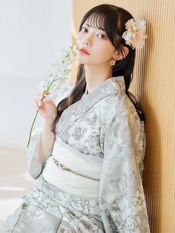 画像14: 【即日発送】クラシカルグレイッシュフラワー浴衣【浴衣３点セット 浴衣/帯/下駄】[YMT] (14)