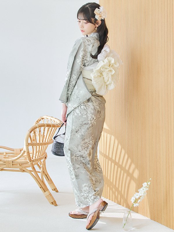 画像3: 【即日発送】クラシカルグレイッシュフラワー浴衣【浴衣３点セット 浴衣/帯/下駄】[YMT] (3)