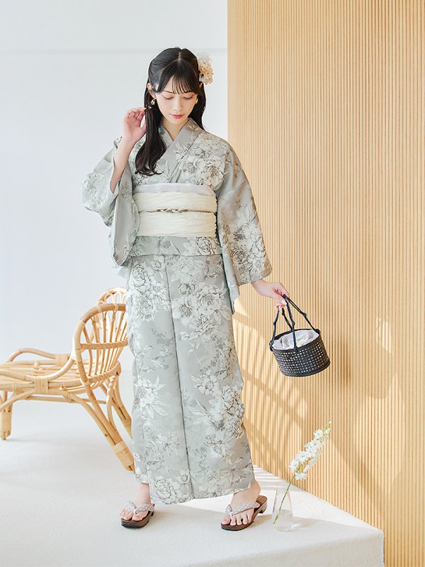 画像6: 【即日発送】クラシカルグレイッシュフラワー浴衣【浴衣３点セット 浴衣/帯/下駄】[YMT] (6)