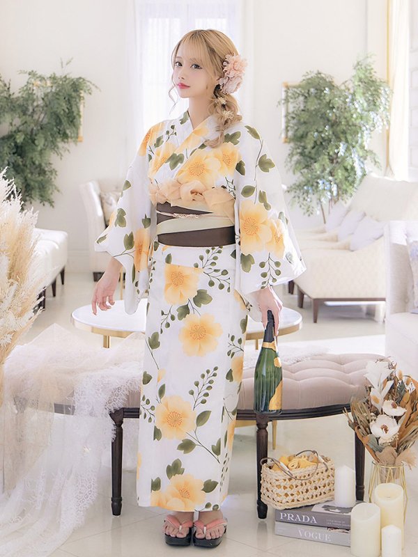 画像4: 【即日発送】【浴衣セール】【浴衣】白地に黄色い花浴衣セット[YMT] (4)