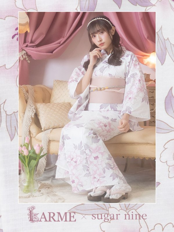 画像1: 【即日発送！】【浴衣】白地×淡い牡丹模様のモダン浴衣セット[YMT] (1)