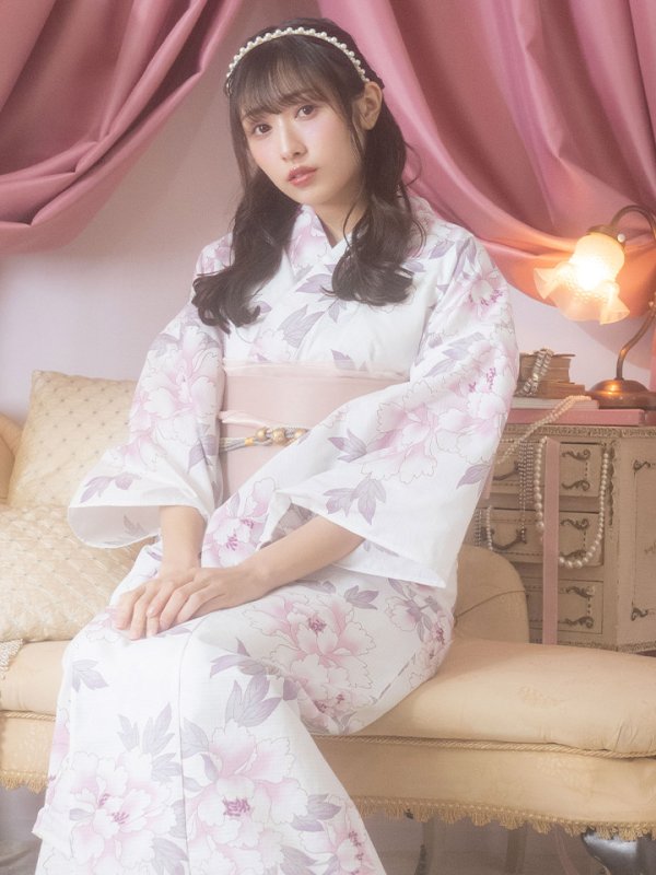 画像10: 【即日発送！】【浴衣】白地×淡い牡丹模様のモダン浴衣セット[YMT] (10)