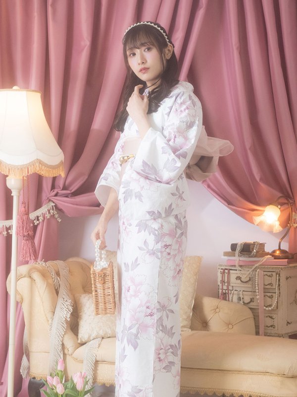 画像11: 【即日発送！】【浴衣】白地×淡い牡丹模様のモダン浴衣セット[YMT] (11)