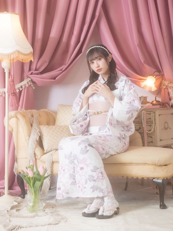 画像12: 【即日発送！】【浴衣】白地×淡い牡丹模様のモダン浴衣セット[YMT] (12)