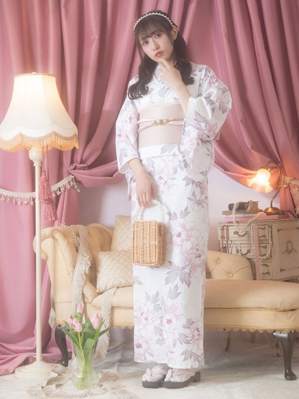 画像4: 【即日発送！】【浴衣】白地×淡い牡丹模様のモダン浴衣セット[YMT] (4)