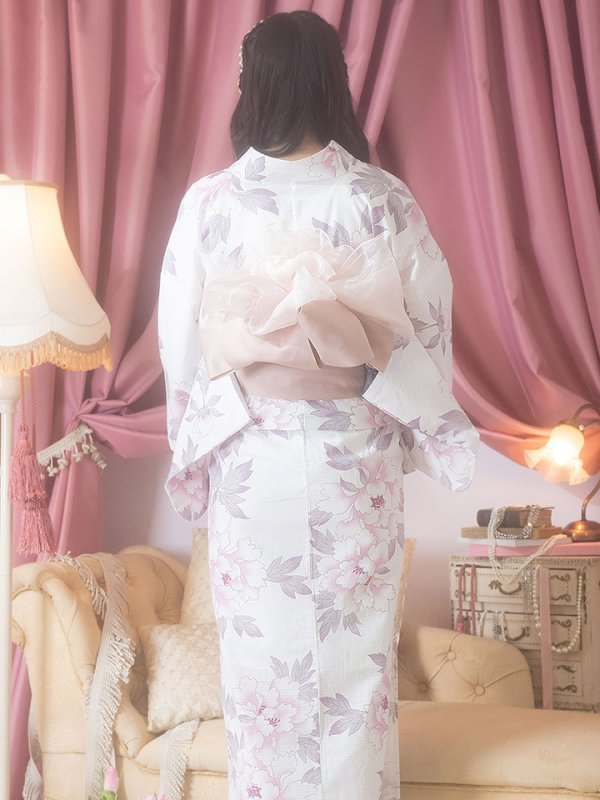画像5: 【即日発送！】【浴衣】白地×淡い牡丹模様のモダン浴衣セット[YMT] (5)