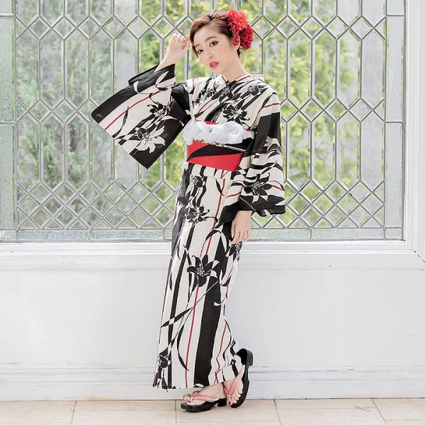 画像2: 【即日発送】【浴衣】ストライプ×百合の花模様浴衣セット[YMT] (2)