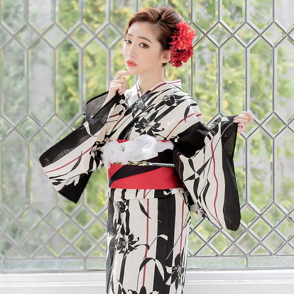 画像3: 【即日発送】【浴衣】ストライプ×百合の花模様浴衣セット[YMT] (3)