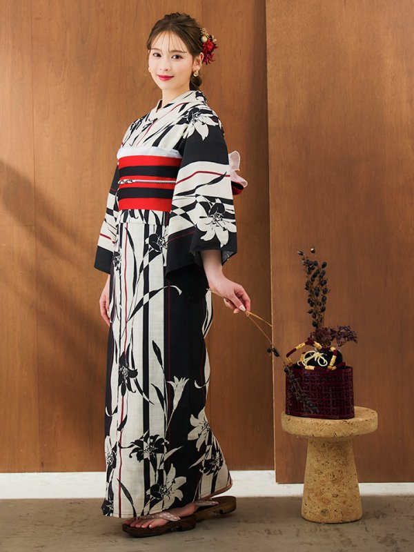 画像13: 【即日発送】【浴衣】ストライプ×百合レトロモダン浴衣 【浴衣３点セット 浴衣/帯/下駄】[YMT] (13)