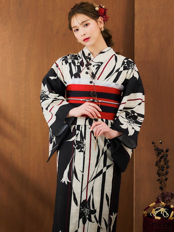 画像2: 【即日発送】【浴衣】ストライプ×百合レトロモダン浴衣 【浴衣３点セット 浴衣/帯/下駄】[YMT] (2)