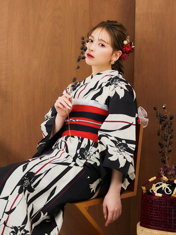 画像5: 【即日発送】【浴衣】ストライプ×百合レトロモダン浴衣 【浴衣３点セット 浴衣/帯/下駄】[YMT] (5)