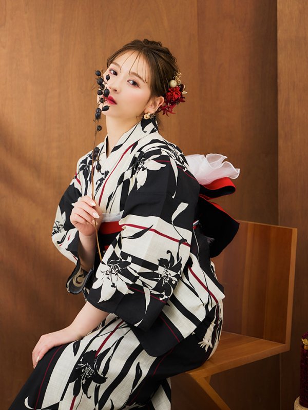 画像7: 【即日発送】【浴衣】ストライプ×百合レトロモダン浴衣 【浴衣３点セット 浴衣/帯/下駄】[YMT] (7)