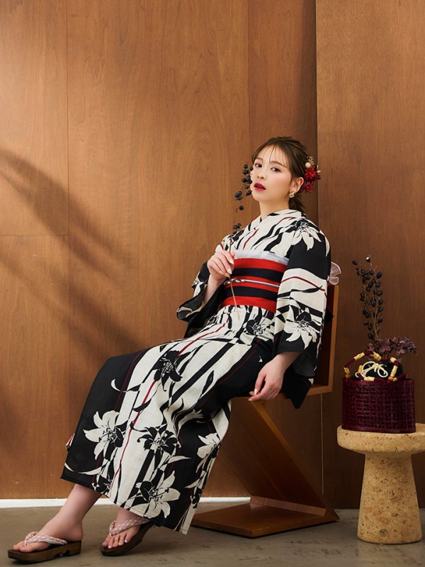 画像8: 【即日発送】【浴衣】ストライプ×百合レトロモダン浴衣 【浴衣３点セット 浴衣/帯/下駄】[YMT] (8)