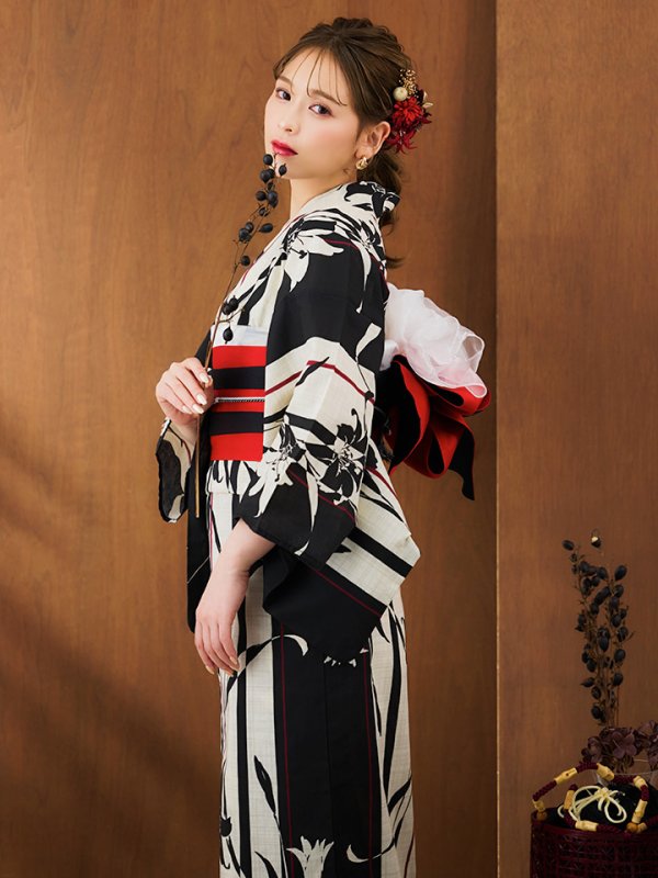 画像9: 【即日発送】【浴衣】ストライプ×百合レトロモダン浴衣 【浴衣３点セット 浴衣/帯/下駄】[YMT] (9)