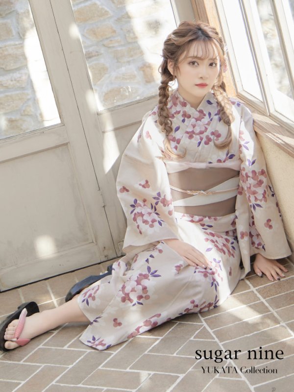 画像2: 【即日発送】【浴衣】クリーム地にピンクの紫陽花浴衣 【浴衣３点セット 浴衣/帯/下駄】[YMT] (2)