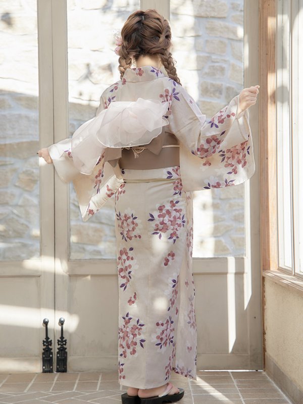 画像8: 【即日発送】【浴衣】クリーム地にピンクの紫陽花浴衣 【浴衣３点セット 浴衣/帯/下駄】[YMT] (8)