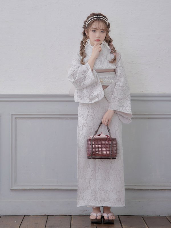 画像4: 【即日発送】【浴衣】ピンク地×白レース浴衣 【浴衣３点セット 浴衣/帯/下駄】[YMT] (4)