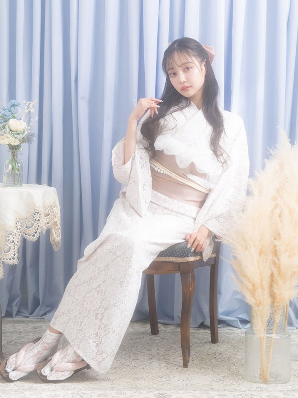 画像6: 【即日発送】【浴衣】ピンク地×白レース浴衣【浴衣３点セット 浴衣/帯/下駄】[YMT] (6)