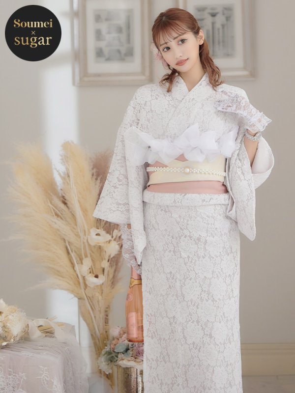 画像2: 【即日発送】【浴衣】ピンク地×白レース浴衣 【浴衣３点セット 浴衣/帯/下駄】[YMT] (2)