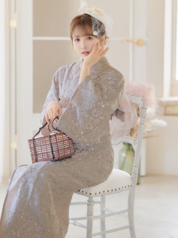 画像5: 【即日発送】【浴衣セール】【浴衣】ベージュ×フラワーレース浴衣 【浴衣３点セット 浴衣/帯/下駄】[YMT] (5)