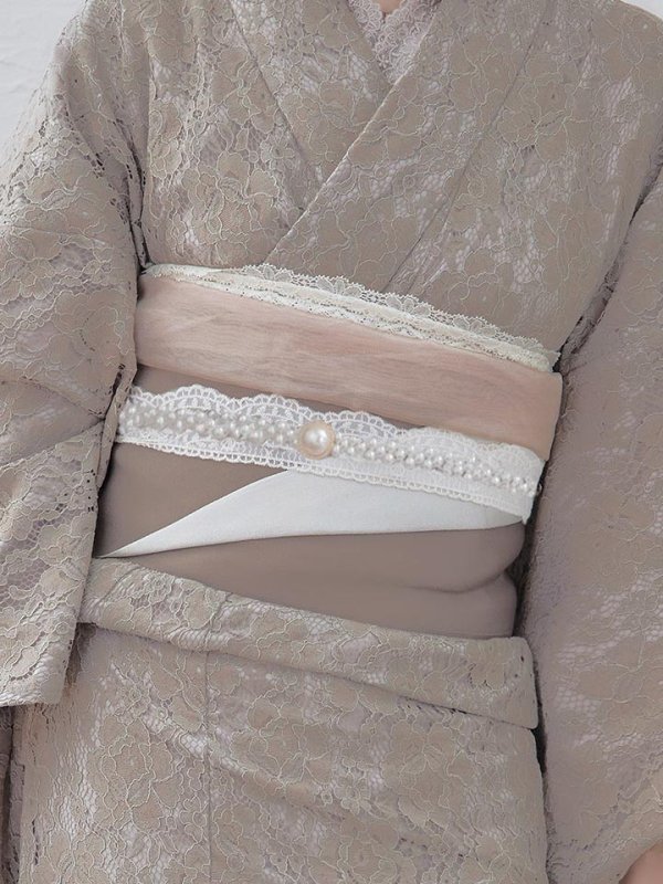 画像5: 【即日発送】【浴衣セール】【浴衣】ベージュ×フラワーレース浴衣 【浴衣３点セット 浴衣/帯/下駄】[YMT] (5)