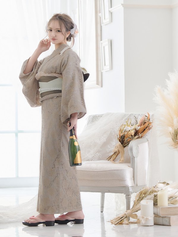 画像10: 【即日発送】【浴衣セール】【浴衣】ベージュ×フラワーレース浴衣 【浴衣３点セット 浴衣/帯/下駄】[YMT] (10)