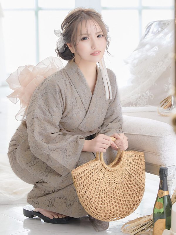 画像11: 【即日発送】【浴衣セール】【浴衣】ベージュ×フラワーレース浴衣 【浴衣３点セット 浴衣/帯/下駄】[YMT] (11)