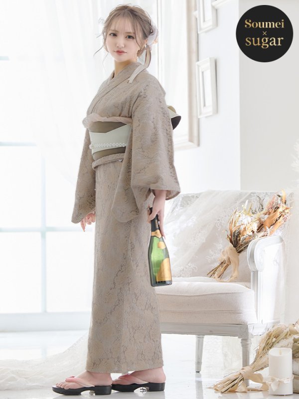 画像1: 【浴衣セール】【浴衣】ベージュ×フラワーレース浴衣（OBI-hira-100-ok-1-BE/ HIMO-900-yn-8-Pearl/ HEKO-800-sb-3-BR/ GETA-02-ok-2-IV）[YMT] (1)