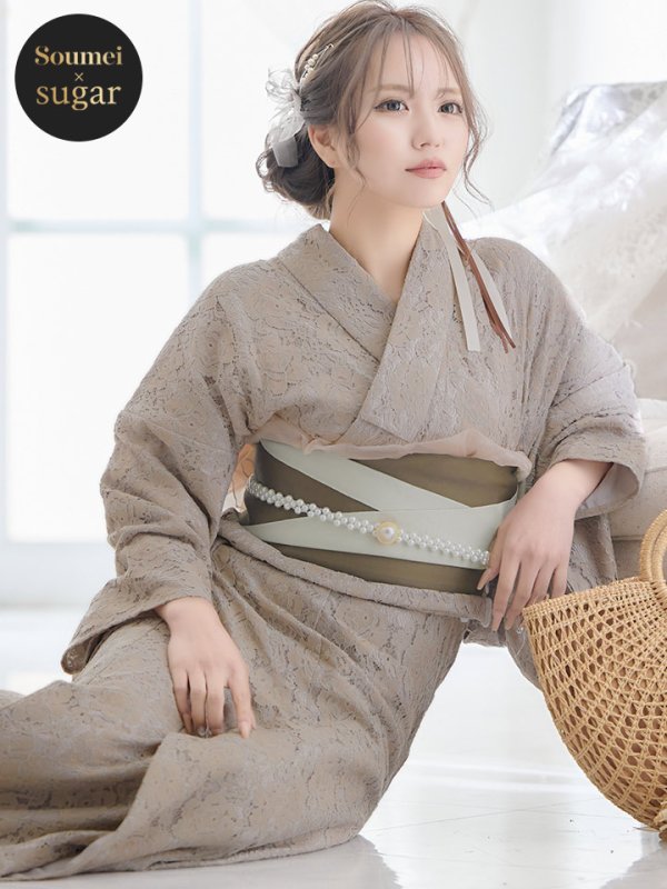 画像3: 【即日発送】【浴衣セール】【浴衣】ベージュ×フラワーレース浴衣 【浴衣３点セット 浴衣/帯/下駄】[YMT] (3)