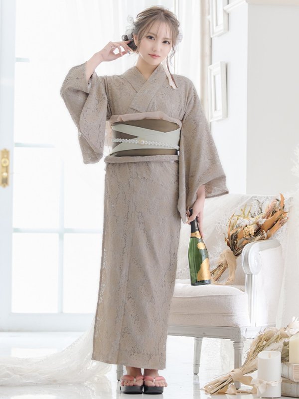 画像4: 【即日発送】【浴衣セール】【浴衣】ベージュ×フラワーレース浴衣 【浴衣３点セット 浴衣/帯/下駄】[YMT] (4)