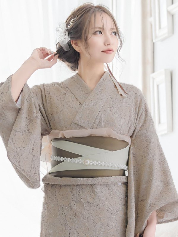 画像5: 【即日発送】【浴衣セール】【浴衣】ベージュ×フラワーレース浴衣 【浴衣３点セット 浴衣/帯/下駄】[YMT] (5)