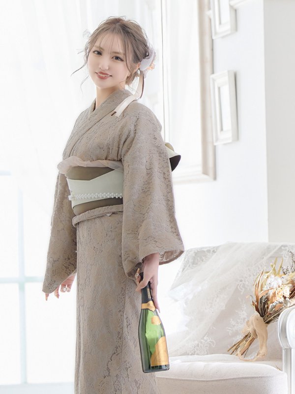 画像7: 【即日発送】【浴衣セール】【浴衣】ベージュ×フラワーレース浴衣 【浴衣３点セット 浴衣/帯/下駄】[YMT] (7)