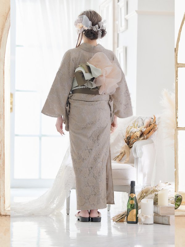 画像8: 【即日発送】【浴衣セール】【浴衣】ベージュ×フラワーレース浴衣 【浴衣３点セット 浴衣/帯/下駄】[YMT] (8)