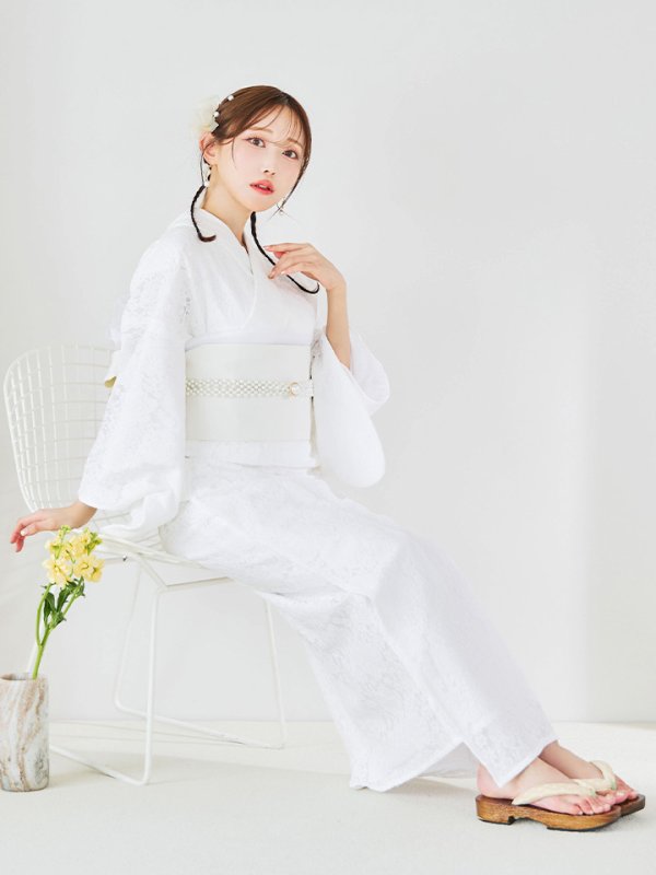 画像2: 【即日発送】【浴衣セール】白レース浴衣 【浴衣３点セット 浴衣/帯/下駄】[YMT] (2)