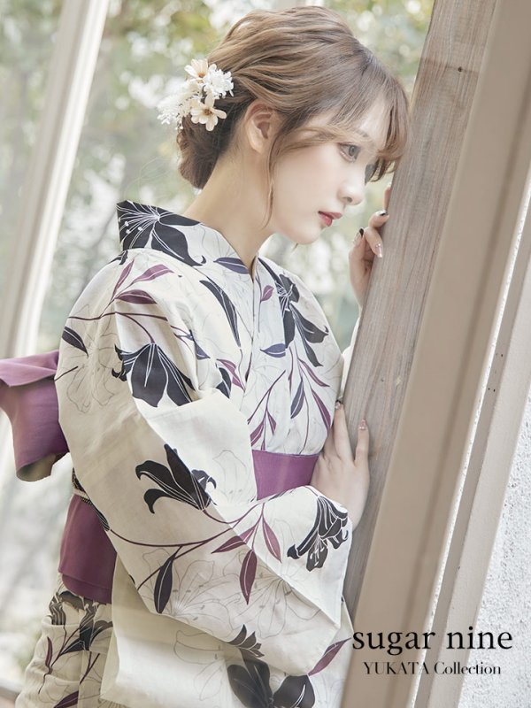 画像2: 【即日発送！】【浴衣】白地×百合柄浴衣 【浴衣３点セット 浴衣/帯/下駄】[YMT] (2)