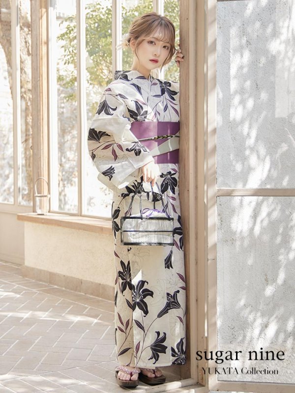 画像4: 【即日発送！】【浴衣】白地×百合柄浴衣 【浴衣３点セット 浴衣/帯/下駄】[YMT] (4)