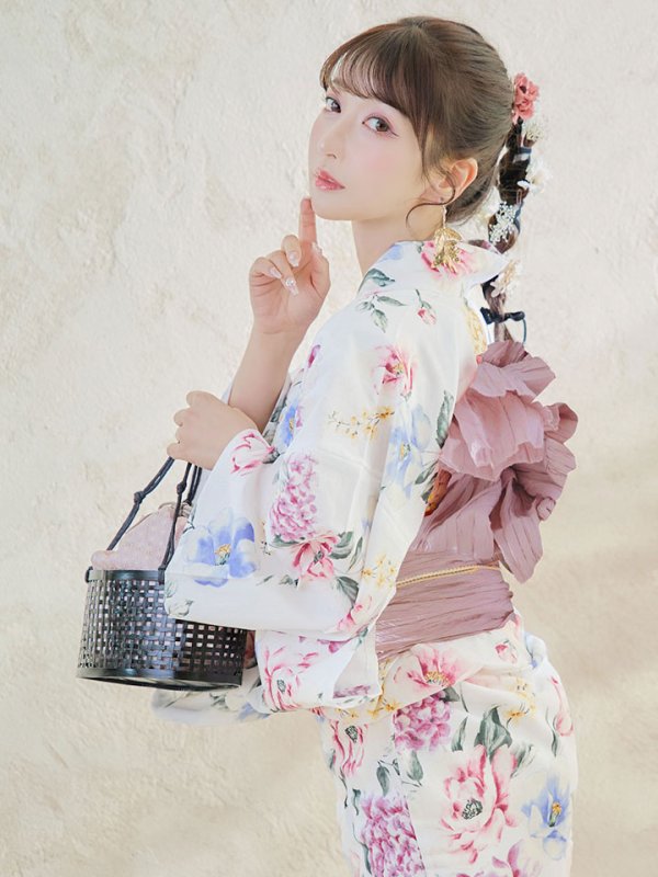 画像10: 【即日発送】【浴衣】白地×ボタニカル牡丹浴衣【浴衣３点セット 浴衣/帯/下駄】[YMT] (10)