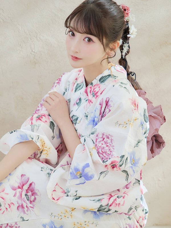 画像13: 【即日発送】【浴衣】白地×ボタニカル牡丹浴衣【浴衣３点セット 浴衣/帯/下駄】[YMT] (13)