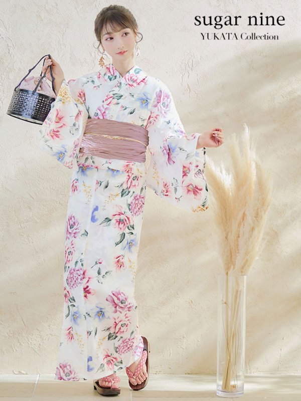 画像4: 【即日発送】【浴衣】白地×ボタニカル牡丹浴衣【浴衣３点セット 浴衣/帯/下駄】[YMT] (4)