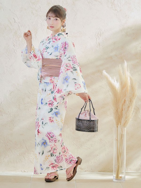 画像5: 【即日発送】【浴衣】白地×ボタニカル牡丹浴衣【浴衣３点セット 浴衣/帯/下駄】[YMT] (5)