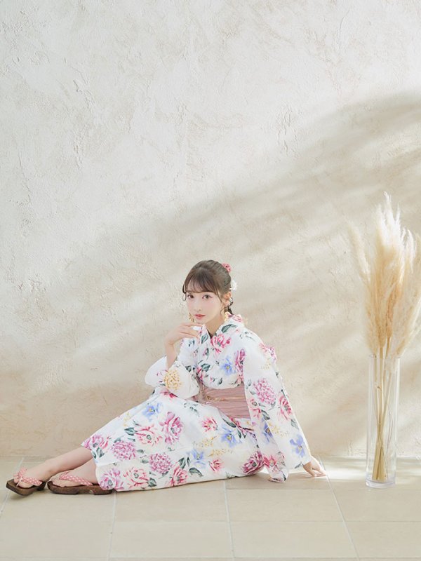 画像9: 【即日発送】【浴衣】白地×ボタニカル牡丹浴衣【浴衣３点セット 浴衣/帯/下駄】[YMT] (9)