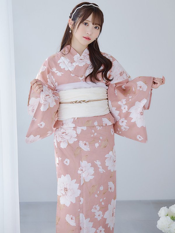 画像2: 【即日発送】【浴衣】くすみピンク地のホワイト牡丹浴衣【浴衣３点セット 浴衣/帯/下駄】[YMT] (2)