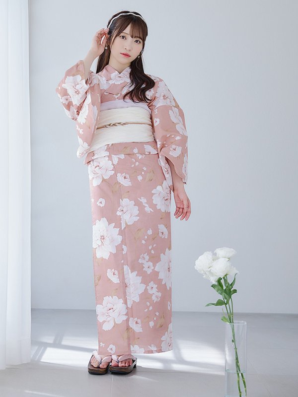 画像6: 【即日発送】【浴衣】くすみピンク地のホワイト牡丹浴衣【浴衣３点セット 浴衣/帯/下駄】[YMT] (6)