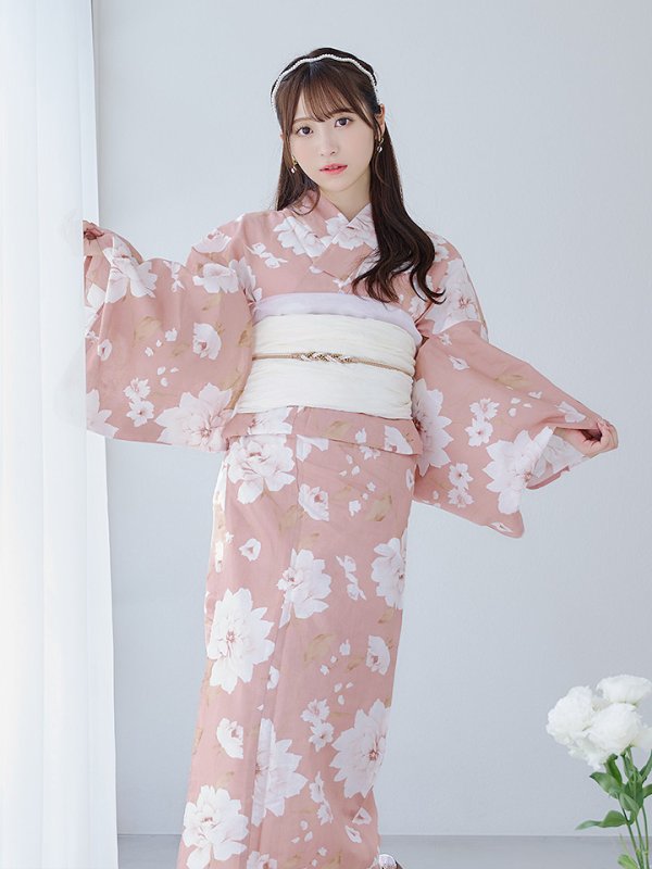 画像9: 【即日発送】【浴衣】くすみピンク地のホワイト牡丹浴衣【浴衣３点セット 浴衣/帯/下駄】[YMT] (9)