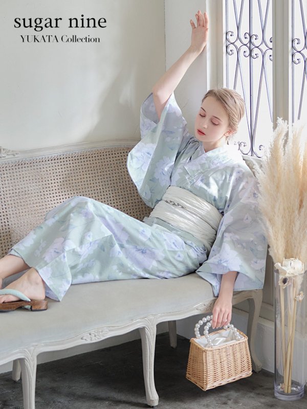 画像2: 【即日発送】【浴衣】ミント地x牡丹浴衣 【浴衣３点セット 浴衣/帯/下駄】[YMT] (2)