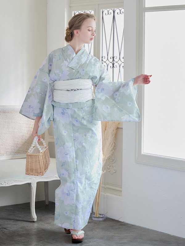 画像4: 【即日発送】【浴衣】ミント地x牡丹浴衣 【浴衣３点セット 浴衣/帯/下駄】[YMT] (4)