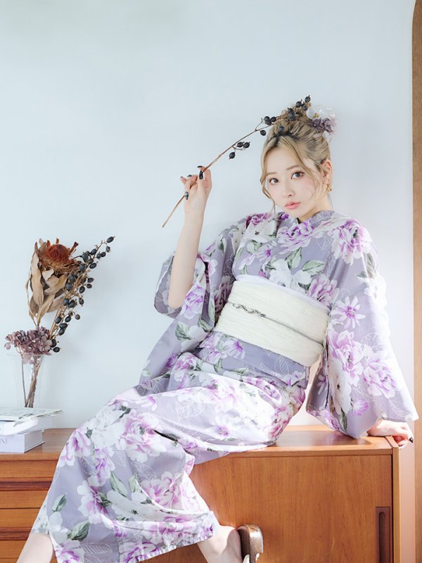 画像14: 【即日発送】大胆に咲き誇る紫×白牡丹浴衣【浴衣３点セット 浴衣/帯/下駄】[YMT] (14)