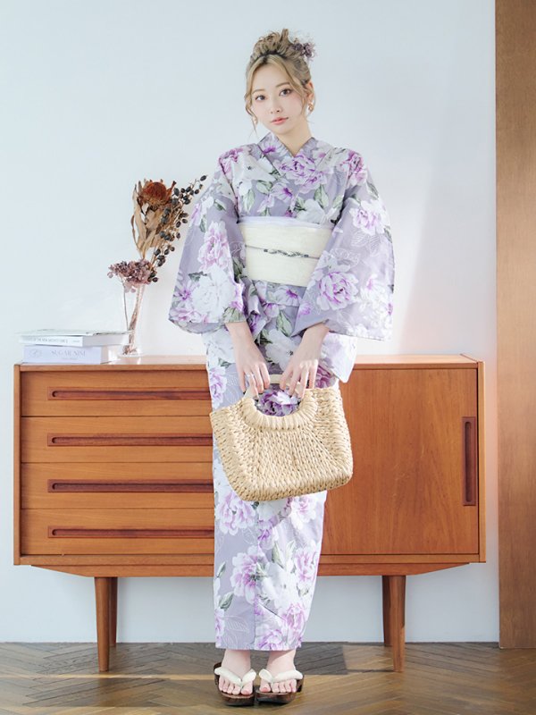 画像5: 【即日発送】大胆に咲き誇る紫×白牡丹浴衣【浴衣３点セット 浴衣/帯/下駄】[YMT] (5)